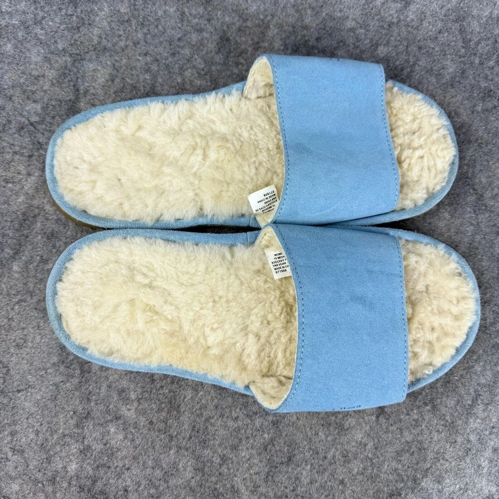 LL Bean Slippers Leather Shearling Slides Wicked Good One Band Lt Blue Women 10 - Picture 3 of 5